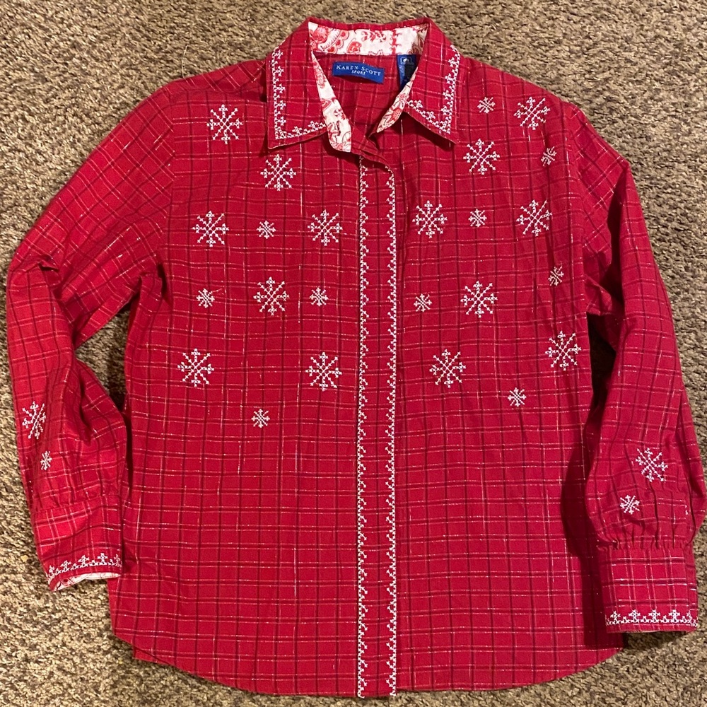 Karen Scott Sport Red Plaid Shimmer Snowflake Embroidered button down Shirt